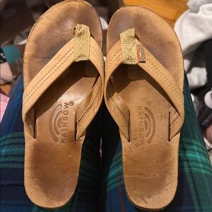 Rainbow Leather Flip Flops in Tan/Natural